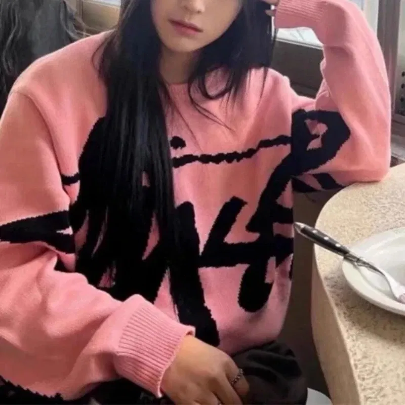 Color: black, Size: One Size - New Winter Women Monogram Jacquard Knitted Crew Neck Sweater Graffiti Pullovers Long Sleeve Jumpers Autumn Women Trendy Clothing