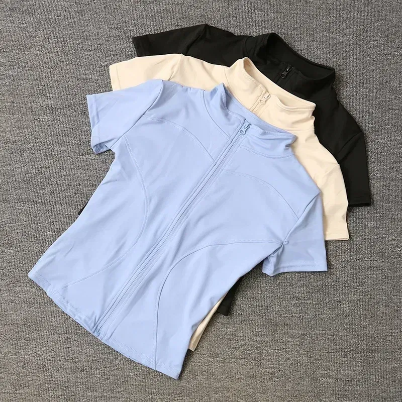 Color: Dark Grey, Size: XXL - Summer High Quality Waist Slimming Training Tops Women's Quick-drying Tight Stand Collar Full Zipper Short Sleeves Yoga shirts