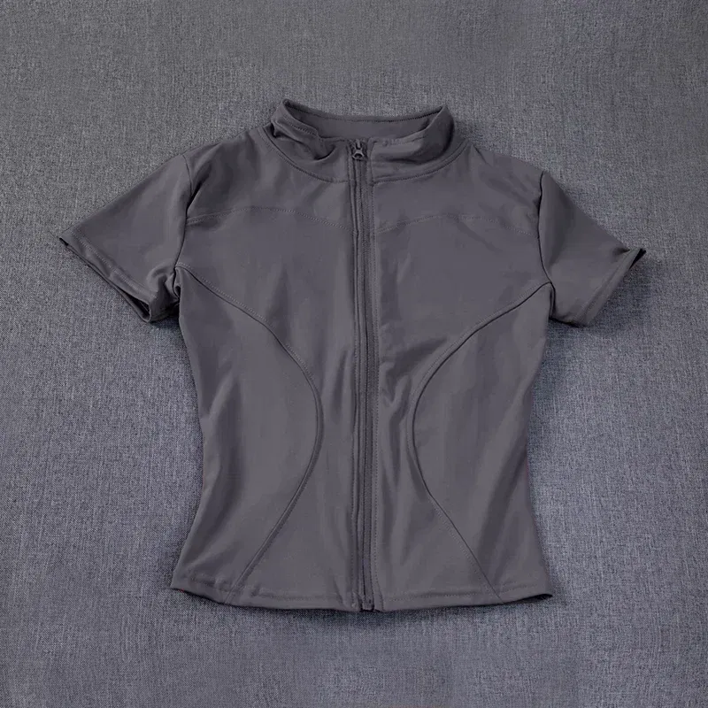 Color: Dark Grey, Size: XXL - Summer High Quality Waist Slimming Training Tops Women's Quick-drying Tight Stand Collar Full Zipper Short Sleeves Yoga shirts
