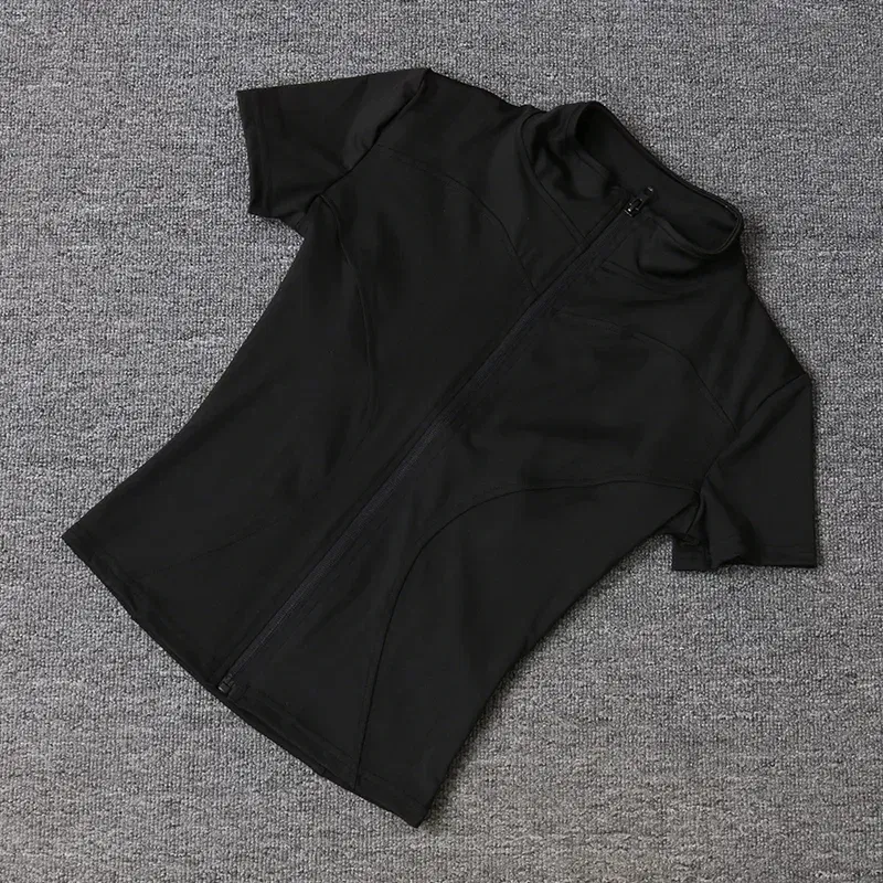 Color: Dark Grey, Size: XXL - Summer High Quality Waist Slimming Training Tops Women's Quick-drying Tight Stand Collar Full Zipper Short Sleeves Yoga shirts