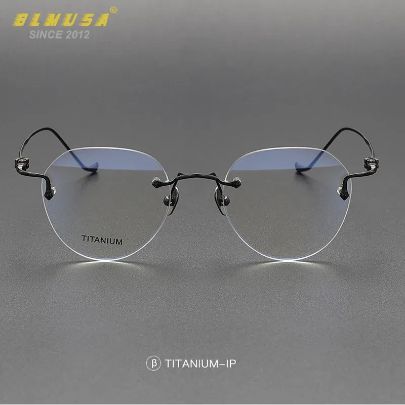 Frame Color: Khaki, Eye Prescription: +125 - BLMUSA Pure Titanium Rimless Anti-blue Light Reading Glasses for Men Round Photochromic Optical Prescription with MR-8 lens