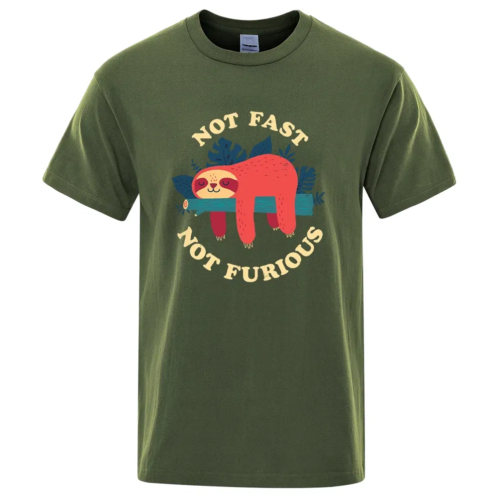 Color: Ivory, Size: M - Not Fast Not Furious Sloth Cute Print Men Tee Shirts Breathable Cotton Tops Street Fashion T-shirt Women Casual Summer T Shirts