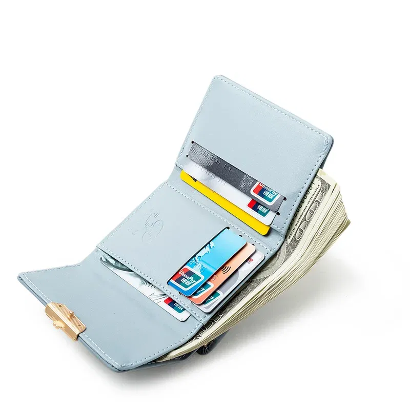 Color: Pink - 024 Women's summer new women's short wallet Japan and South Korea PU leather hardware buckle three fold bag high texture multi-c