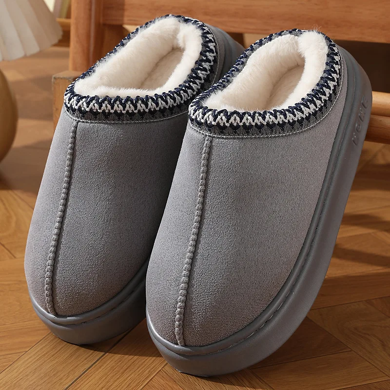 Color: GRAY, Shoe Size: 40-41 - Comfort Thick Bottom Cotton Slippers Women 2025 Winter Warm Thick Plush Non Slip Furry Clogs Shoes Embroidery Suede Snow Boots