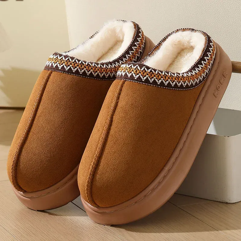 Color: GRAY, Shoe Size: 40-41 - Comfort Thick Bottom Cotton Slippers Women 2025 Winter Warm Thick Plush Non Slip Furry Clogs Shoes Embroidery Suede Snow Boots