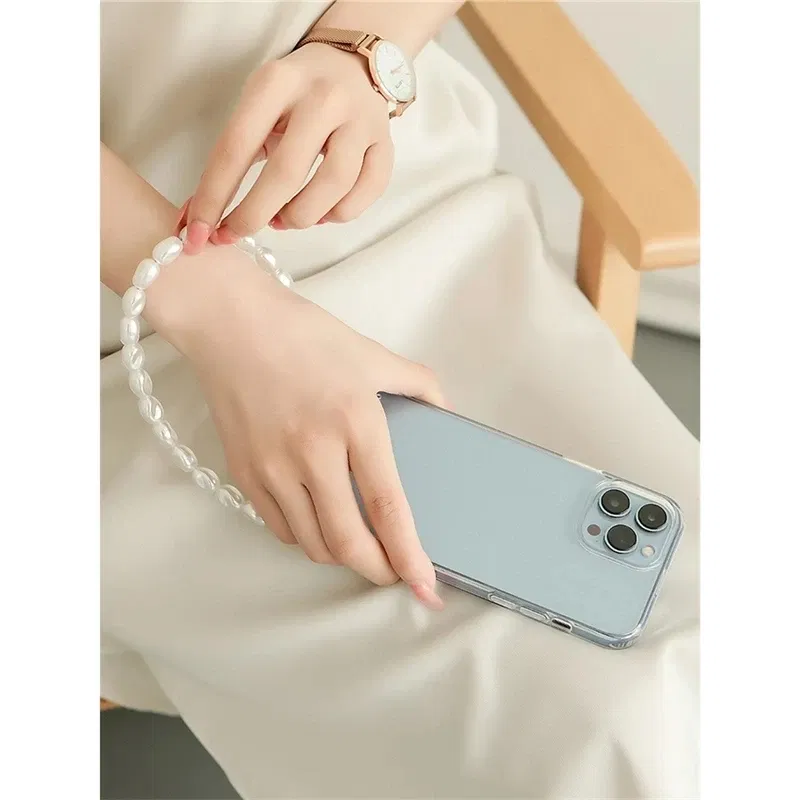 Color: Lotus root color, Bundle: Case & Strap, Material: Silicon - Pearl Bracelet Wrist Chain Phone Case For iPhone 13 12 11 14 15 Pro Max XR X XS Mini 7 8 Plus SE Transparent Hard Acrylic Cover