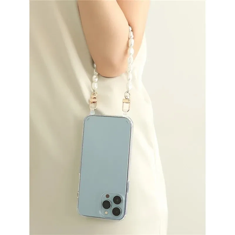 Color: Lotus root color, Bundle: Case & Strap, Material: Silicon - Pearl Bracelet Wrist Chain Phone Case For iPhone 13 12 11 14 15 Pro Max XR X XS Mini 7 8 Plus SE Transparent Hard Acrylic Cover