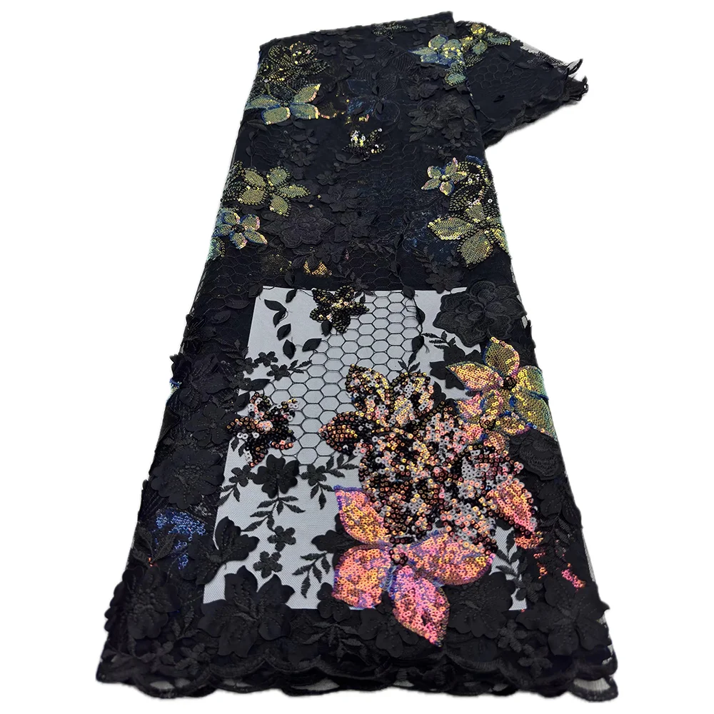 Color: WHITE, length: 5 yards, Width: 120cm - African French Mesh Tulle Lace Fabric Nigerian Embroidey Fabrics Sequins High Quality 2025 For Sew Evening Dresses 5 yards