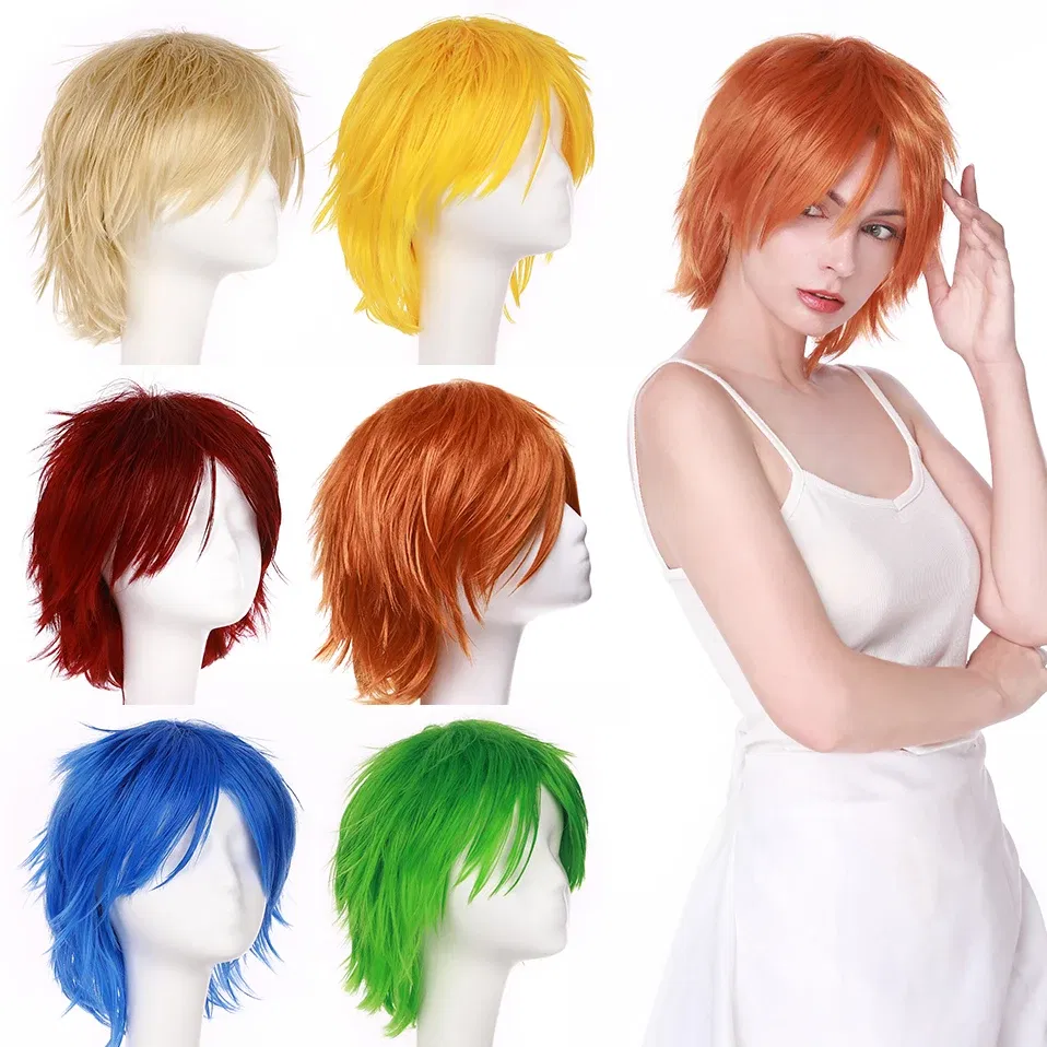 Color: silver grey, Ships From: CHINA, Stretched Length: 8inches - S-noilite Synthetic Short Wig Blue Brown Black Women Men Cosplay Costume Party Head Wigs Hair