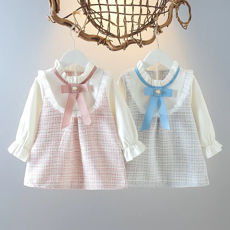 Color: Pink, Kid Size: 24M - Spring and Autumn New Baby Girl Long Sleeve Dress Fake Two Small Checkered Children's Clothes (0-3 Years Old)