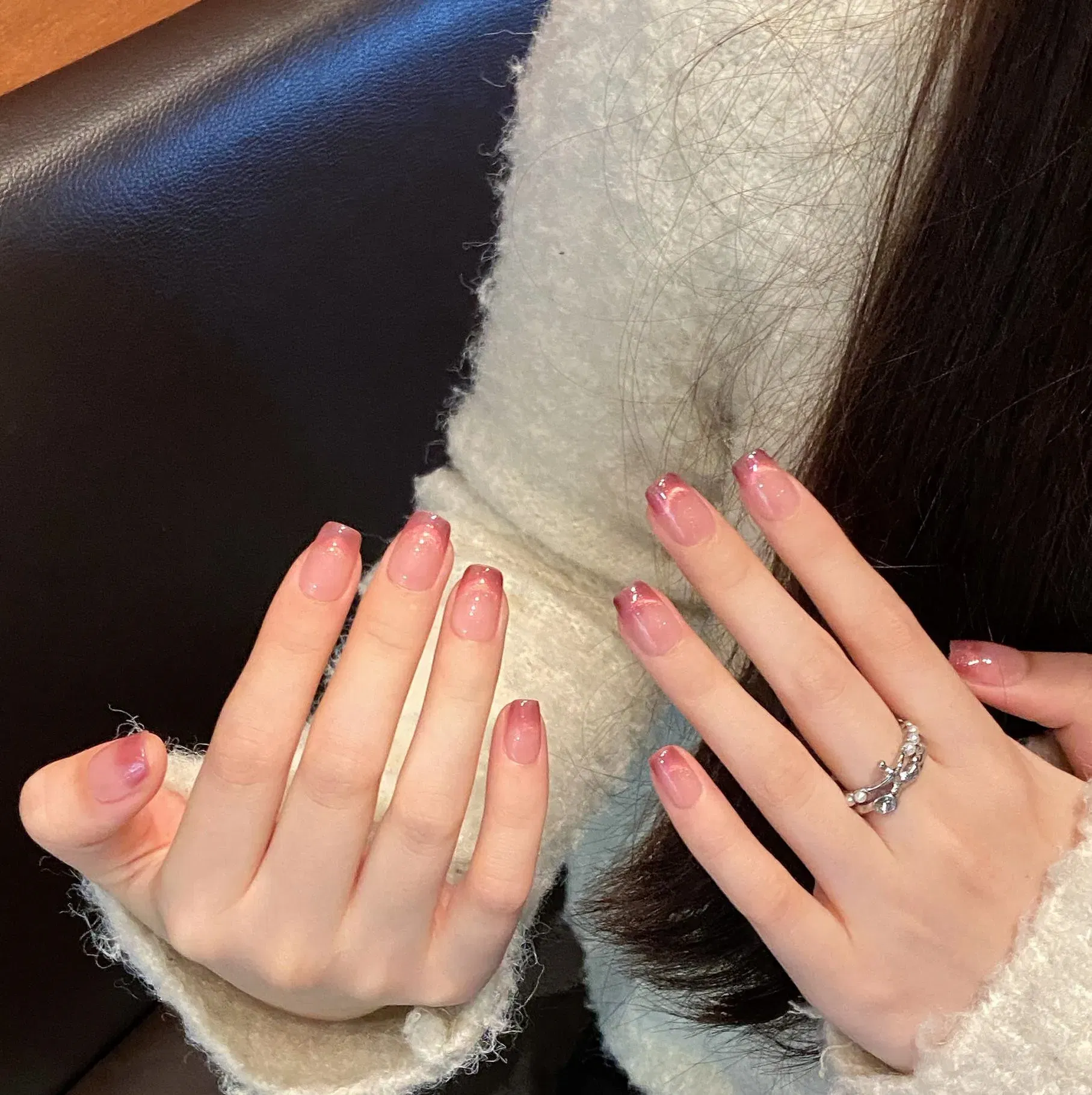 Color: Pink - 10 PCS Luxury Handmade Press on Nails Short Square French Cat's Eye Design with 3-PIECE Tool Adhesive Nail Glue Tabs