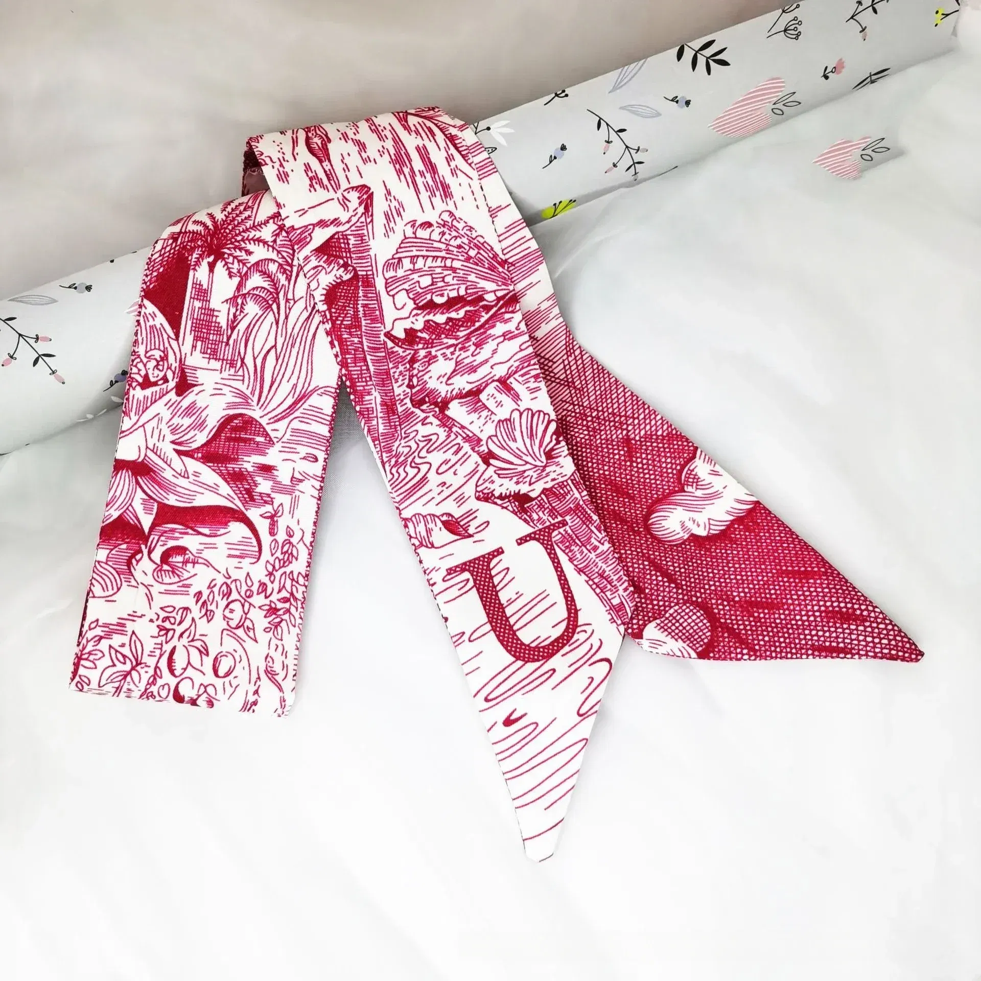 Color: Burgundy, Size: XXS - Fashion Skinny Scarf Women Luxury letter Printing Tie Bag Handle Ribbon Hair Band Women's Headscarf New Lady Design Silk Scarves