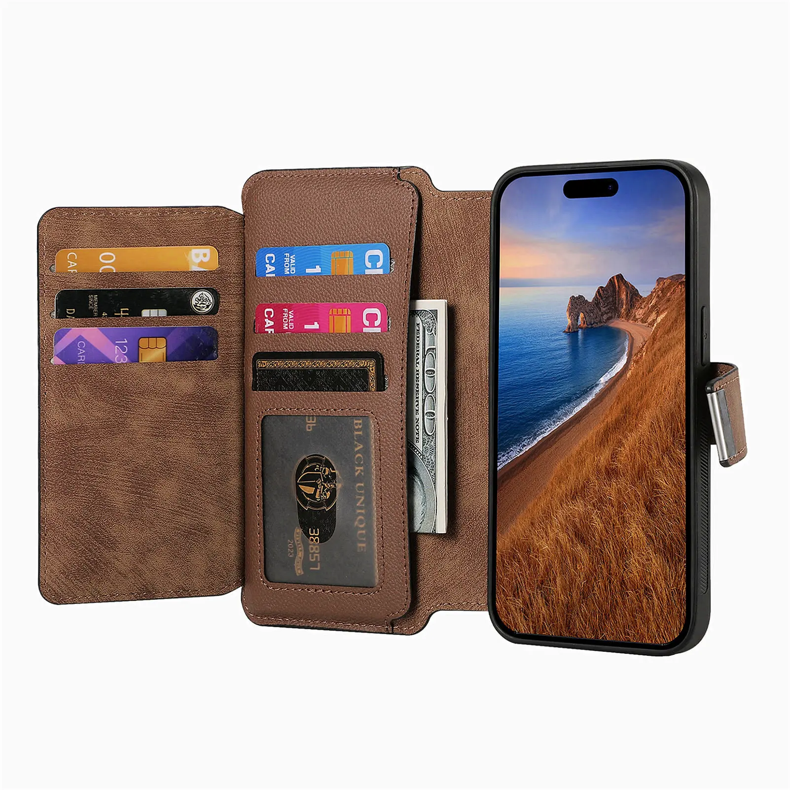 Color: Brown, Material: CANVAS - With Magsafe Wallet Case For Xiaomi Poco X6 X5 X3 M6 M5S M4 M3 F6 F5 Pro F3 C31 Zipper Leather Multi 6 Card Slot Removable Cover