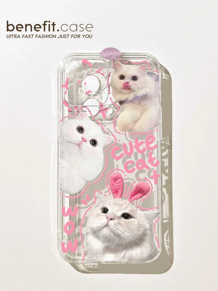 Color: Beige, Material: aluminum - Cute Kitten Phone Case for iPhone 15 14 13 12 11 Pro Max XR XS X 7 8 Plus Mini SE Clear Cat Mobile Case