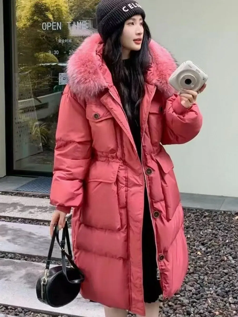 Color: Khaki, Size: S - Down Jacket Women Waterproof Winter Long Puffer Jacket 2024 Real Raccoon Fur Hooded Duck Down Coat Female Rain Feather Parkas