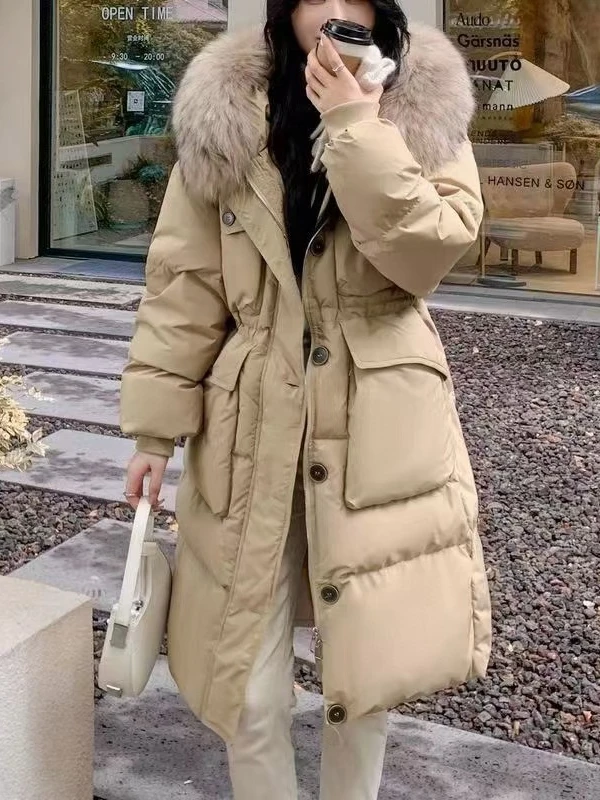 Color: Khaki, Size: S - Down Jacket Women Waterproof Winter Long Puffer Jacket 2024 Real Raccoon Fur Hooded Duck Down Coat Female Rain Feather Parkas
