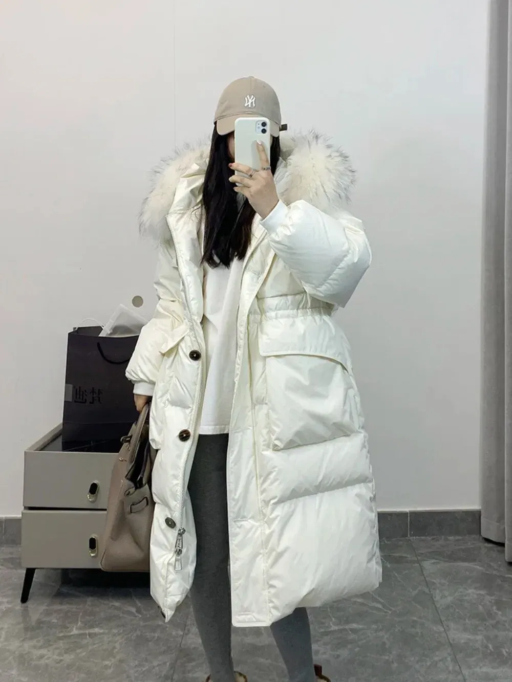 Color: Khaki, Size: S - Down Jacket Women Waterproof Winter Long Puffer Jacket 2024 Real Raccoon Fur Hooded Duck Down Coat Female Rain Feather Parkas
