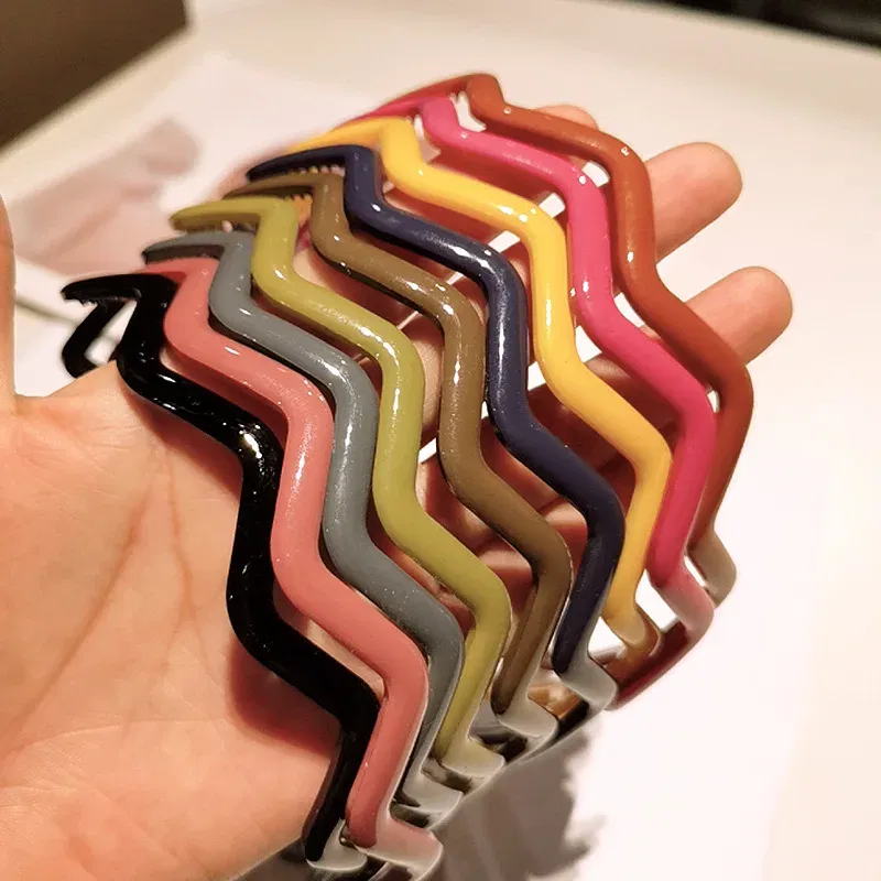 Color: Pink - New Fashion Solid color resin Simple frosted anti-slip wave shape Toothed Wild Hairbands Women Girls Hair Accessories Headdress