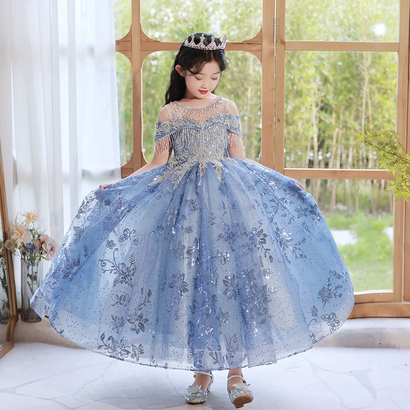 Color: Blue, Kid Size: 8T - Children's Dress Princess Dress Fluffy Gauze Flower Girl Heavy Industry Trailing Catwalk Small Host Piano Performance