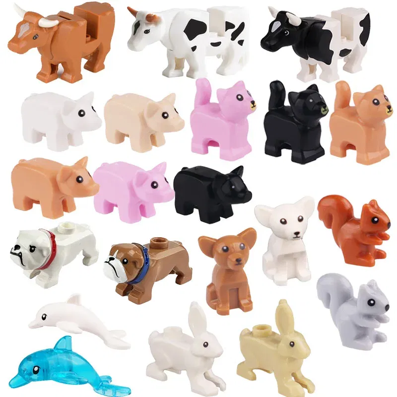 Color: Trans-purple - MOC City Animal Building Block Figures Hare Dairy Cow Squirrel Dolphin Pug DIY Farm Street View Accessories Bricks Toys Gifts