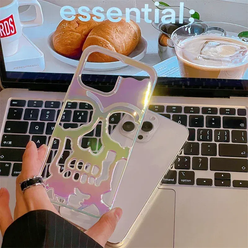 Color: Army Green, Material: nylon - 3D Skull Ghostface Phone Case for iPhone 14 15 ProMax 11 12 13 Pro Max Plus Fashion Hollow Heat Dissipation Plating Slim Cover