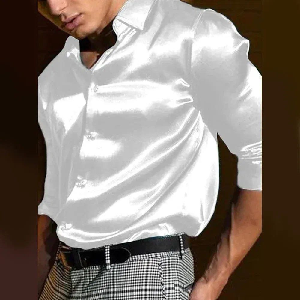Color: Blue, Size: XL, Ships From: CHINA - Casual Men's Satin Silk Dress Shirts Long Sleeve Social Single Breasted Button Turn-Down Collar Shirts Wedding Party Men Clothes