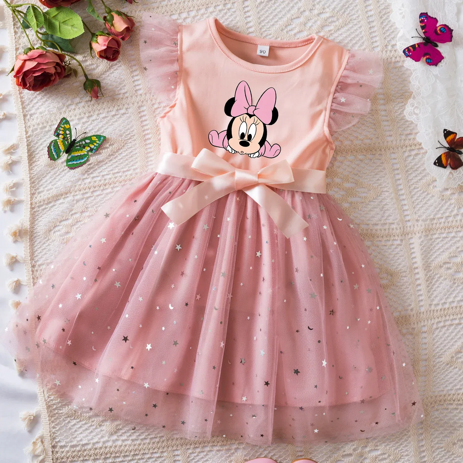 Color: Beige, Size: L - Mickey Minnie Mouse Girls Summer Clothes Flying Sleeves Bow Sequin Dress 2-6Y Kid Birthday Tutu Princess Dress for Baby Girl