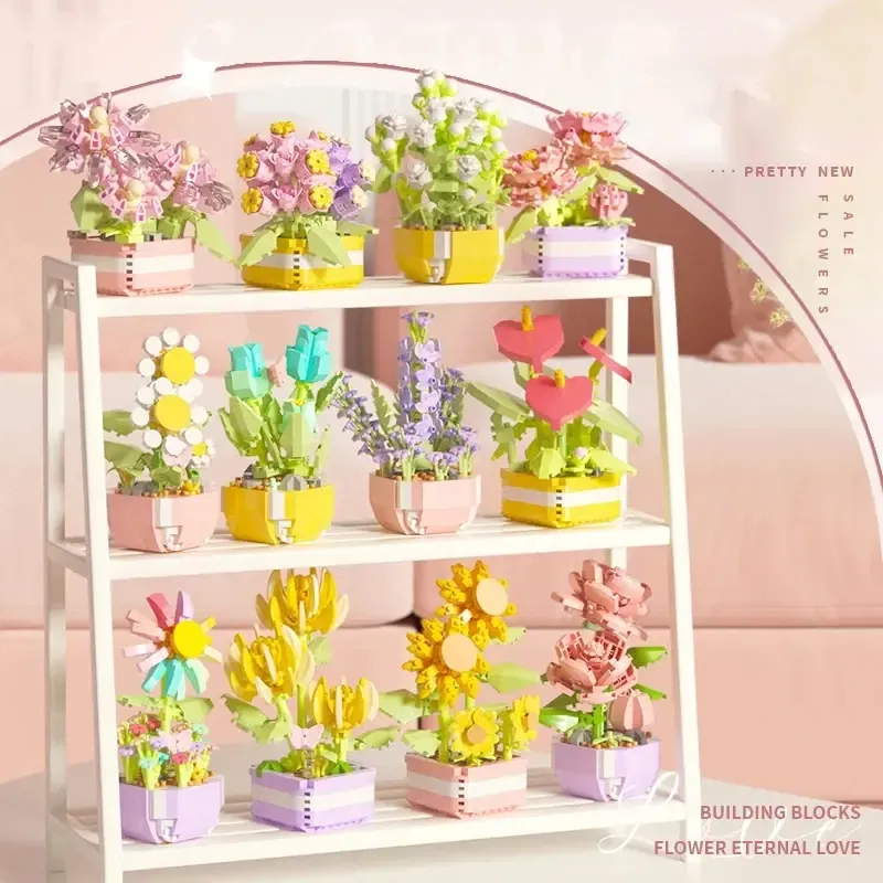 Color: WHITE - Flowers Plants Bonsai Building Blocks Succulent Potted Assembly Bricks Model Desktop Decoration Girl Toys Kids Holiday Gifts
