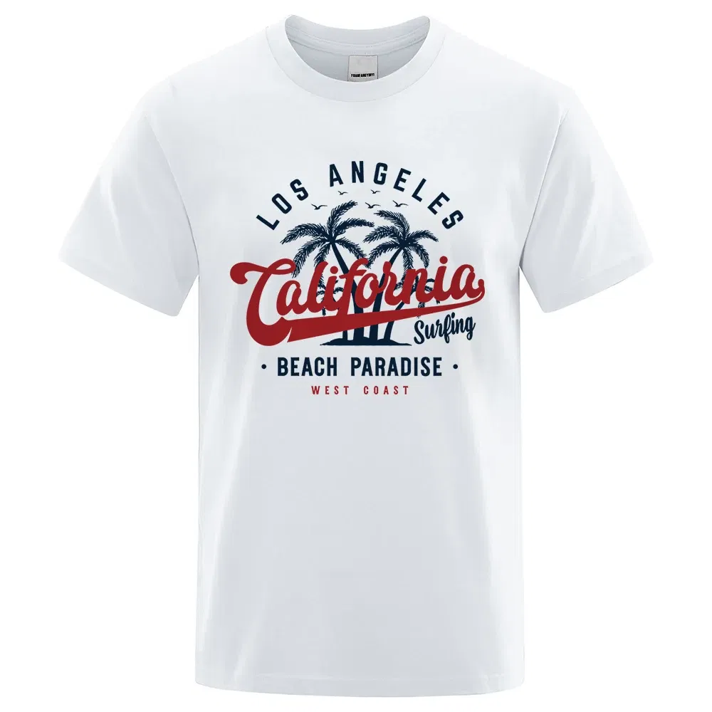 Color: GRAY, Size: M - Los Angeles California Beach Paradise Men Tops Fashion Crewneck T Shirt Cotton Summer T-Shirt Breathable Oversize Clothes