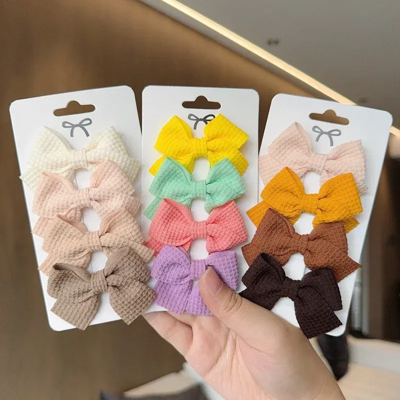 Color: Ivory - 4PCS Soft Cotton Bow Hairpin Girl Sweet Plaid Design Hairpin Color Block Delicate Hairgripe Barrettes Kawaii Child Accessories