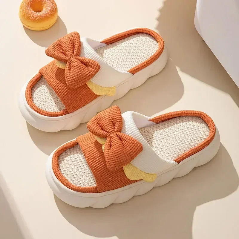 Color: Grape, Shoe Size: 40 - Linen Slippers Women Indoor Slippers Comzy Anti-Slip House Cotton Shoes Cute Bowknot Flat Slipper Couples Slides Spring Summer