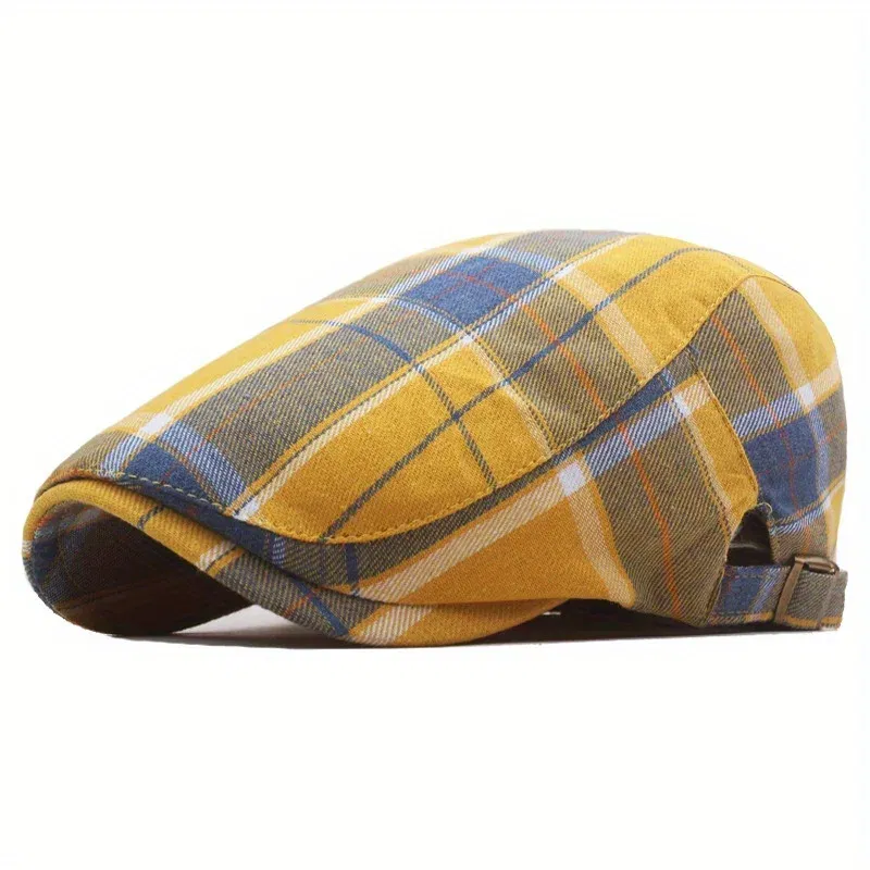 Color: Yellow - Men's Plaid Pattern Flat Cap Newsboy Hat Women Beret Cabbie Gatsby Cap