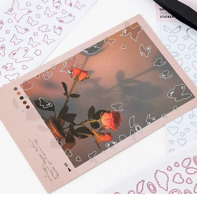 Color: Red - 1 Sheet Transparent Flash Laser Line Stickers Decorative Stationery DIY Scrapbooking Material Pvc Stickers Cute Album Stick