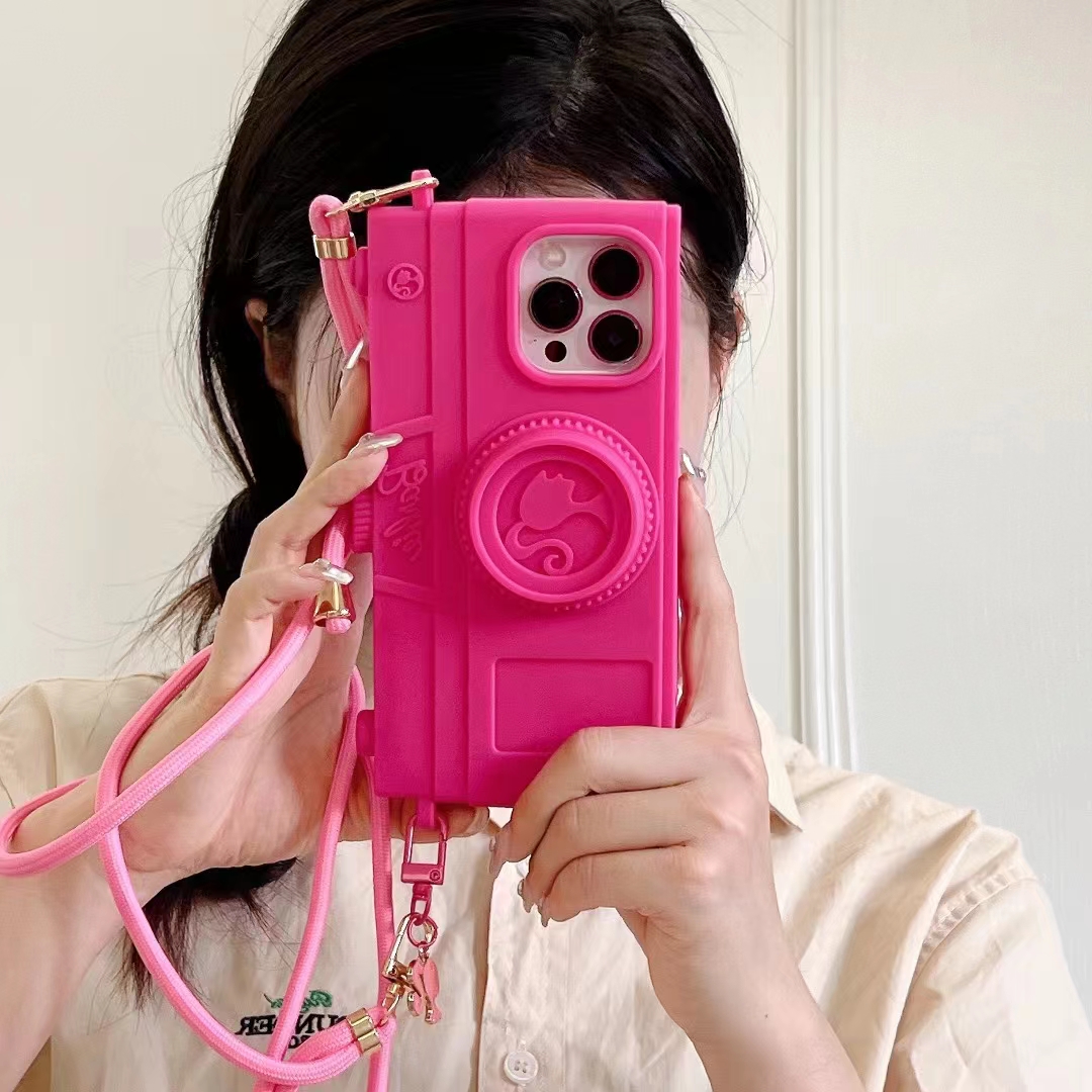 Material: NEOPRENE, Color: Beige - Pink Camera Case For iPhone 15 14 13 12 11 Pro Max Kawaii Fashion Case Fashion Pendant Cute Girl