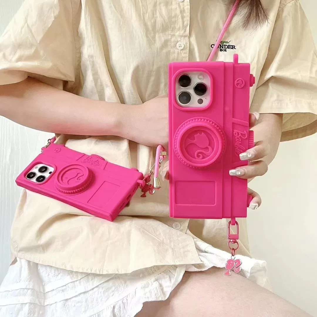 Material: NEOPRENE, Color: Beige - Pink Camera Case For iPhone 15 14 13 12 11 Pro Max Kawaii Fashion Case Fashion Pendant Cute Girl