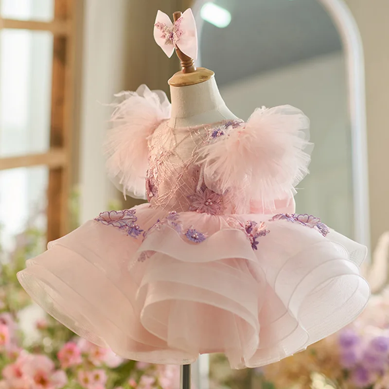 Color: Pink, Kid Size: 4T - New baby girl toddler dress birthday party dress exquisite unique girl sweet little fly sleeve cake skirt