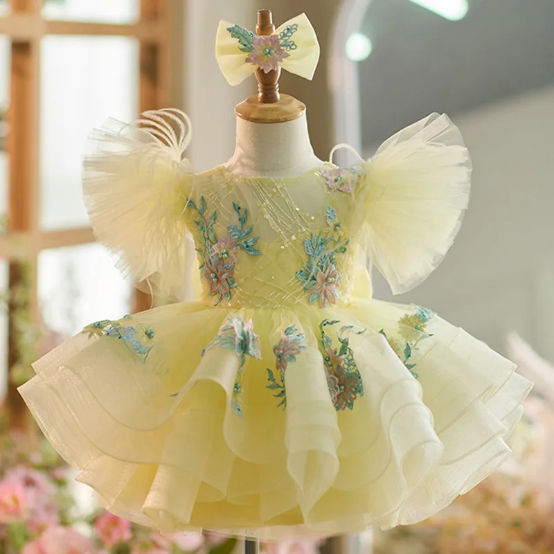 Color: Pink, Kid Size: 4T - New baby girl toddler dress birthday party dress exquisite unique girl sweet little fly sleeve cake skirt