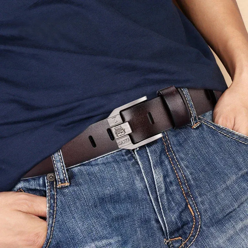 Color: black, Belt Length: 130cm - 130CM Leather Cowhide Men's Belt Fashion Metal Alloy Pin Buckle Adult Luxury Brand Jeans Business Casual Waist Male Strap Brand