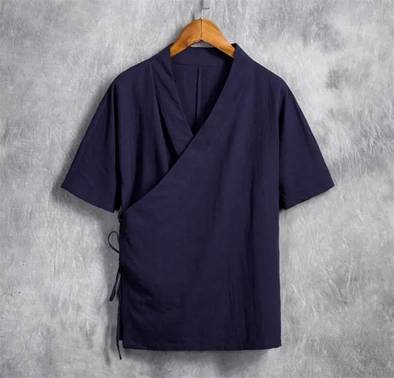 Color: Navy Blue, Size: 6XL - Men Cotton Linen Short sleeve Kung Fu Shirt Classic Chinese Style Tang Clothing Size M-6XL