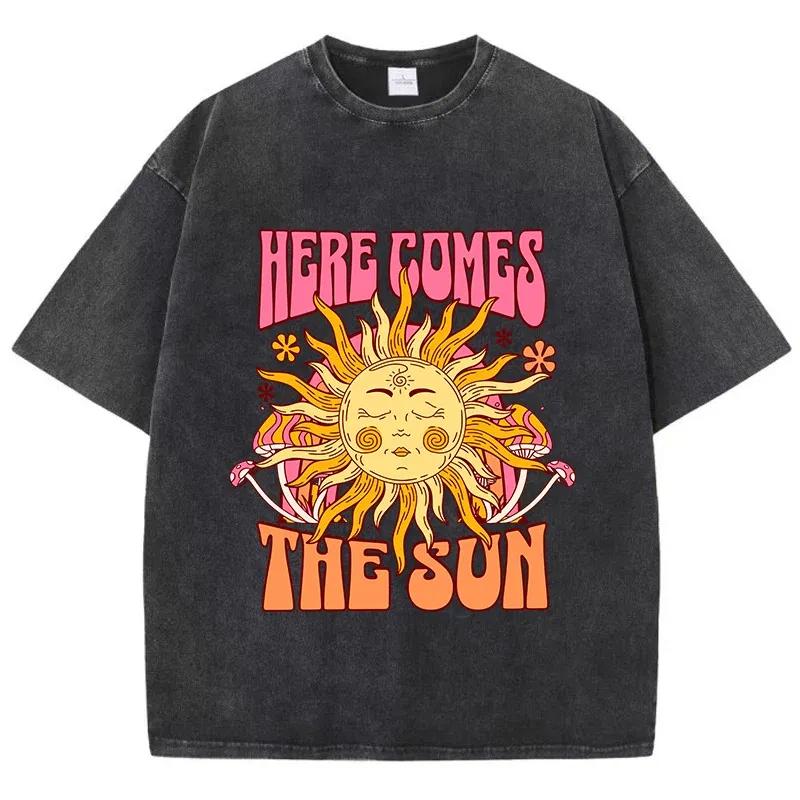 Color: black, Size: XXL - Oversize Women's Washed T-Shirt Cotton Here Comes The Sun Prints T Shirts Casual O-Neck Short Sleeve Tops Loose Women's Clothes