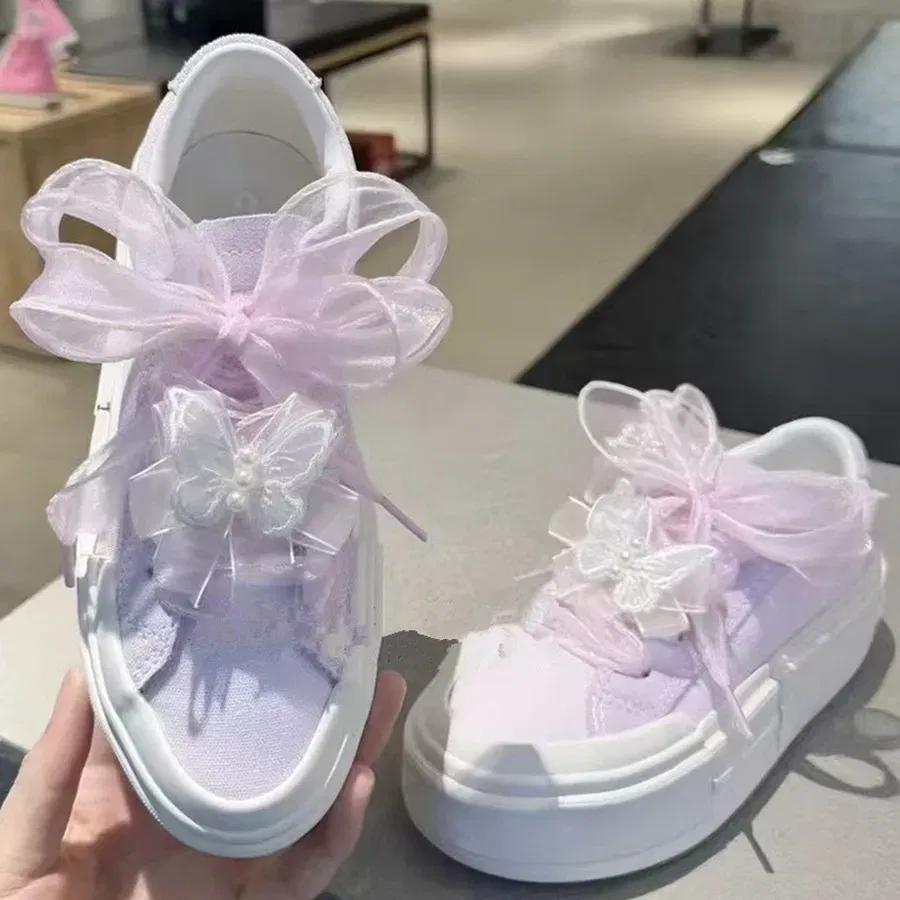 Color: PURPLE, Length: 80cm - 4cm Wide Festoon Fishtail Organza Shoelaces Wave Chiffen Fall Winer Bow Laces Beauty White Casual Sneaker DE Training Shoes Lace
