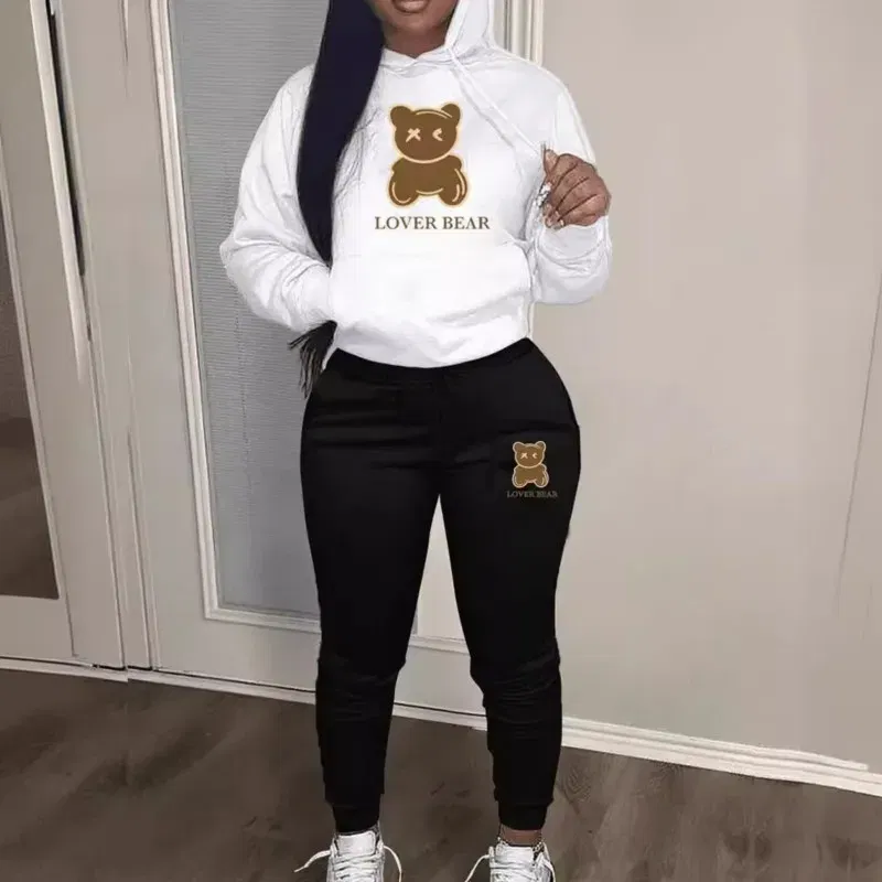 Color: Brown, Size: S - 2 Piece Set Women Outfit Letter Bear Print Hooded Neck Hoodies Sweatshirt Pants Tracksuit 2024 Plus Size Streetwear Casual Suit