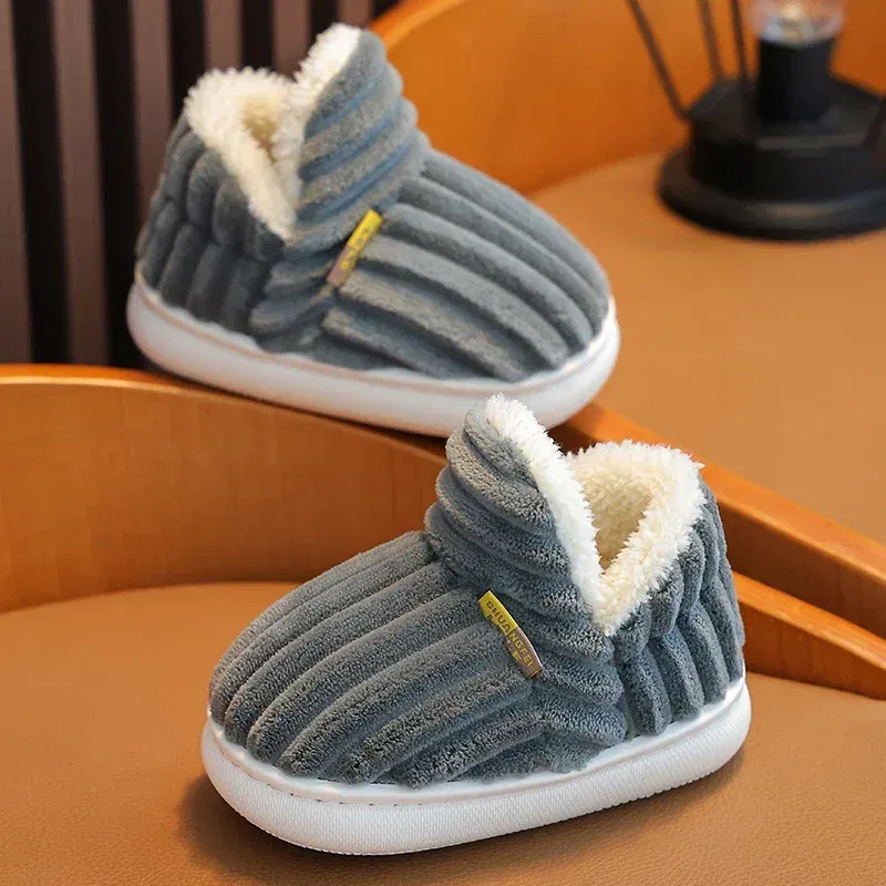Color: GRAY, Shoe Size: 2.5 - New Winter Concise Stripe Plush Slippers Children's Non-slip Soft Sole Kids Boys Girls Heel Wrap Warm High Home Cotton Shoes