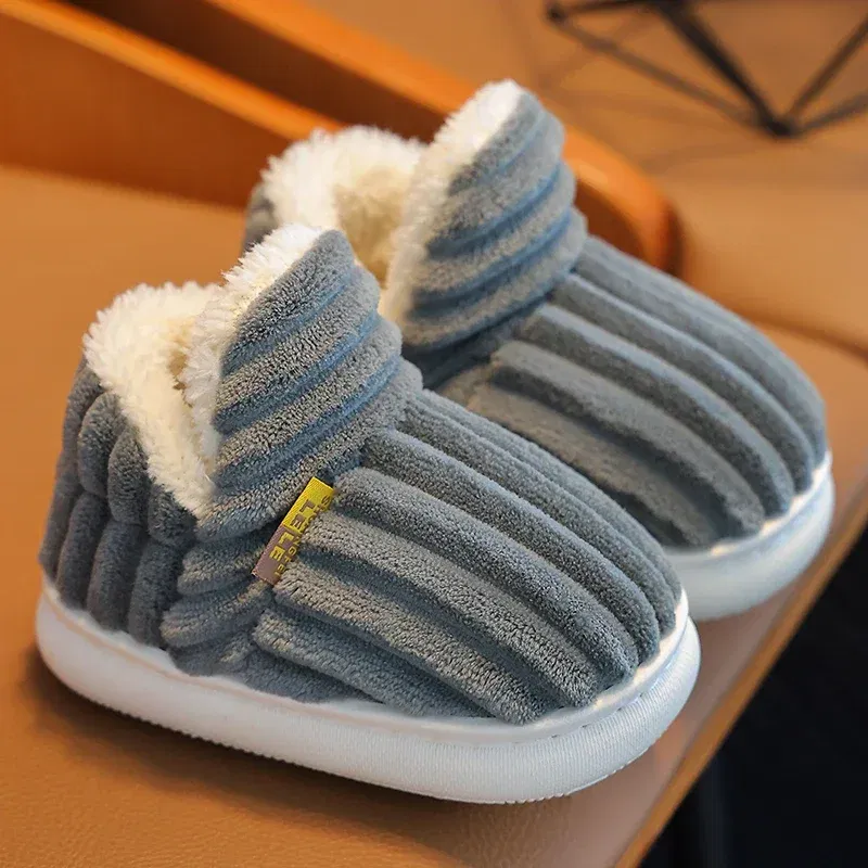 Color: GRAY, Shoe Size: 2.5 - New Winter Concise Stripe Plush Slippers Children's Non-slip Soft Sole Kids Boys Girls Heel Wrap Warm High Home Cotton Shoes