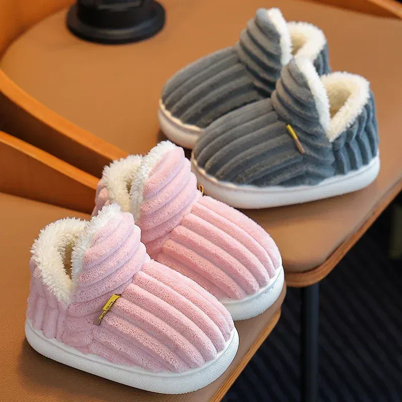 Color: GRAY, Shoe Size: 2.5 - New Winter Concise Stripe Plush Slippers Children's Non-slip Soft Sole Kids Boys Girls Heel Wrap Warm High Home Cotton Shoes