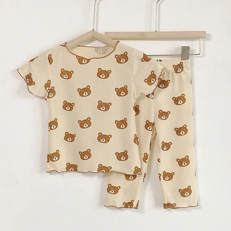 Color: Beige, Kid Size: 9 - Summer Printing Short-Sleeved Loungewear Suit Boys And Girls Pajamas Pants Two-Piece Set 2-6 Years Old Robe