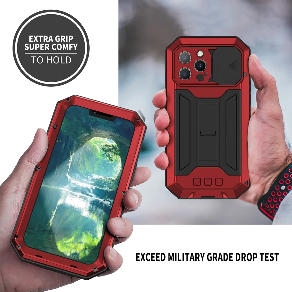 Color: Black, Material: PE - Heavy Duty Metal Aluminum Case For iPhone 14 13 15 Pro Max Military Grade Shockproof Bumpers Armor Kickstand Camera Slider Cases