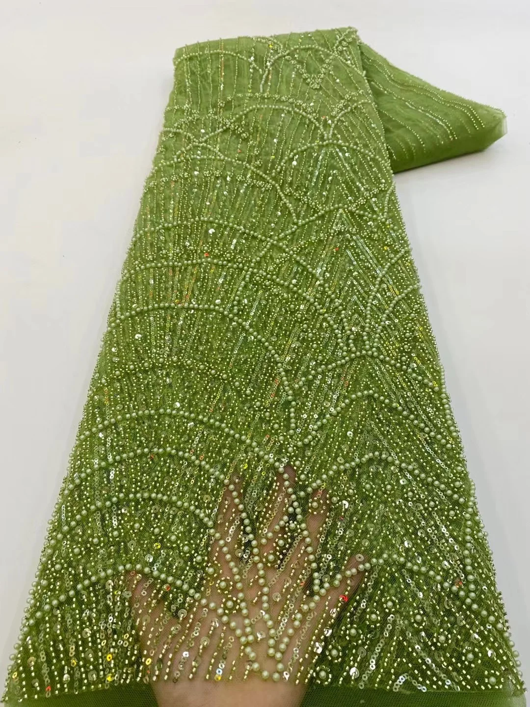Color: green, Width: 120cm, Length: 5 yards - Wholesale African Sequins Lace Fabric French Embroidery High Quality Luxury Heavy Beaded Bridal Wedding Lace 5 yards