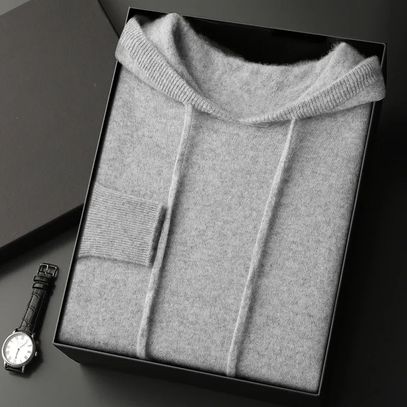 Color: Light Grey, Size: L - Yoyoselect Men's 100% Cashmere  Luxury Sweater Hoodie Autumn Winter Thick Warm Hooded Pullover Casual Smart Jumpers Knitwear Top