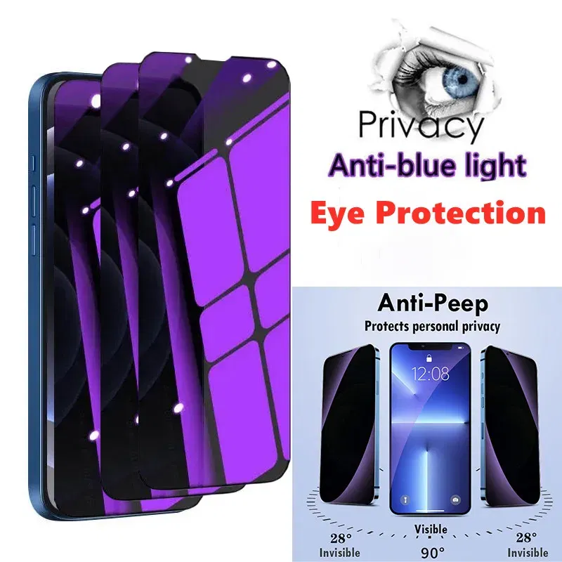 Color: Silver - Anti Blue Light Privacy Tempered Glass for iPhone 16 15 Pro Max 14 Plus 13 12 Mini 11 Eye Protection Clear Screen Protector Film